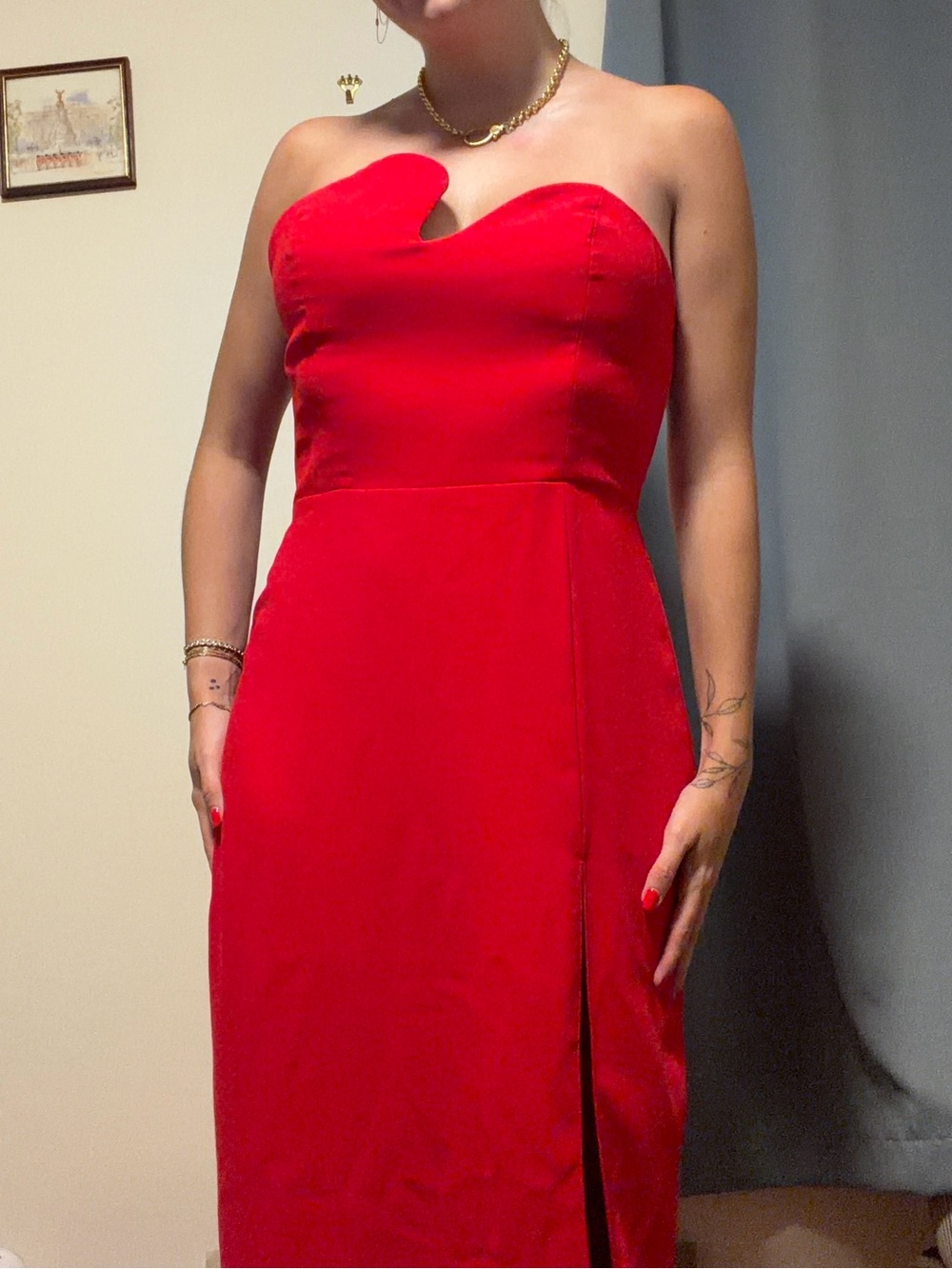Strapless Red Evening Midi Dress with Sweetheart Neckline